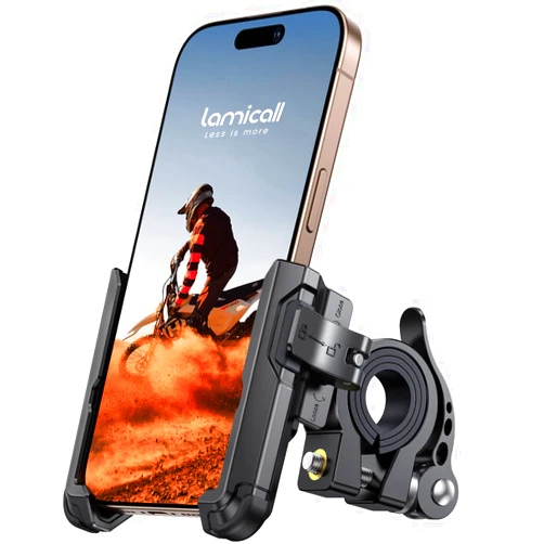 Lamicall Motorcycle Bike Phone Mount - [No Block Camera] [1s Lock] Bike Cell Phone Holder Clamp, Bicycle Scooter Handlebar Clip, for iPhone 16 15 14 Pro Max, Galaxy S25 S24 Ultra, 4.7-7