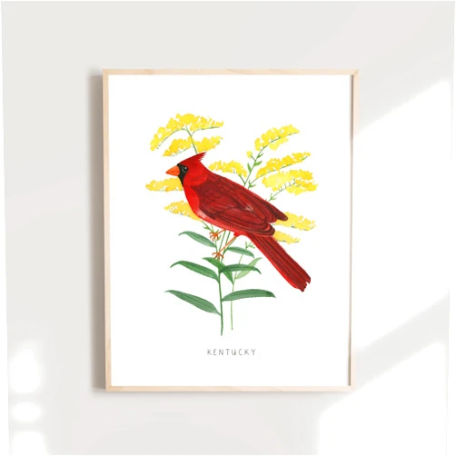 Custom Kentucky State Bird Art Print, Kentucky Cardinal and Goldenrod, State Flower, State Bird, Kentucky Wall Art, Watercolor Home Decor