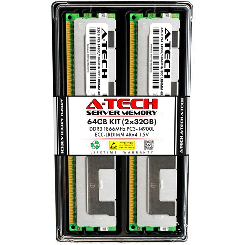 A-Tech 64GB Kit (2x32GB) DDR3 1866MHz PC3-14900L ECC LRDIMM 4Rx4 Quad Rank 1.5V Load Reduced DIMM 240-Pin Server RAM Memory Upgrade Modules (A-Tech Enterprise Series)