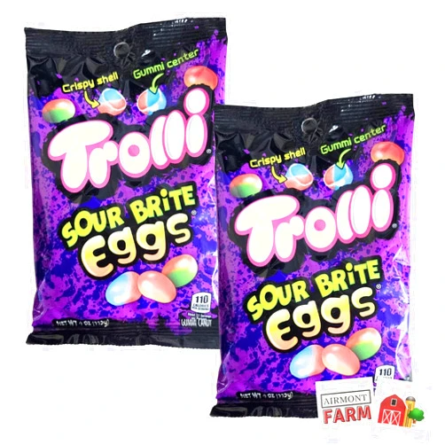 Airmont Farm Trolli Sour Brite Eggs 4oz bag (2 Pack) Bundle with 2 Collectible Stickers