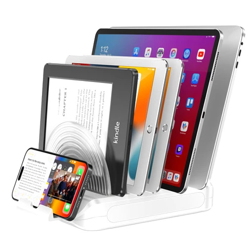 DeskLogics Vertical Laptop Stand for Desk, Adjustable Multi-Device Organizer 6 in 1 Removable Portable Phone Stand, 360° Rotating Base, Compatible with MacBook, iPhone, iPad, Tablets (White)