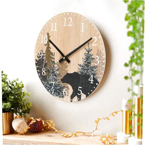 SwallowLiving Cabin Bear Wall Clock 12 Inch Silent Non Ticking Clock Wooden Forest Wildlife Mountain Lodge Wall Clock Battery Operated Rustic Farmhouse Wall Clock