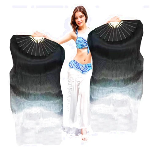Aumulen Women 1 Pair Hand Made Silk Belly Dance Fan Veils Long Bamboo Fan for Dancing (Black white, 120 * 90cm)