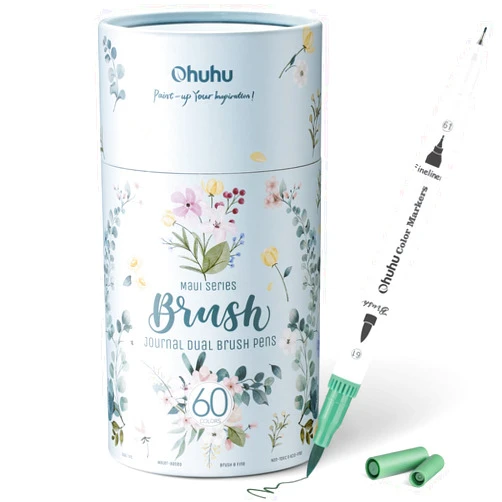 Ohuhu Markers for Adult Coloring Books No Bleeding 60 Colors Coloring Markers Water-based Dual Tips Fineliner & Brush Drawing Pens Art Markers for Kids Adults Sketch Journal - Maui - White