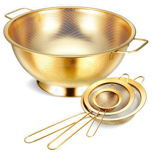 Norme 5 Quart Stainless Steel Gold Colander and 3 Pcs Gold Fine Mesh Strainer, Stainless Steel Pasta Rice Food Metal Strainer with Handles, Easy Clean and Dishwasher Safe