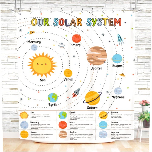 Imirell Space Galaxy Solar System Shower Curtain 60Wx72H Inches Cartoon Planets Educational Learning Tool Universe Knowledge Nursery Kids Bathroom Decor Fabric Waterproof Polyester 12 Pack Hooks