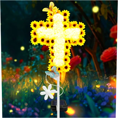 LCHPMY Solar Sunflower Cross Garden Lights Outdoor Garden Decor Waterproof Solar Lights Auto ON/Off Solar,Decorate The Garden Cemetery for Halloween and Christmas