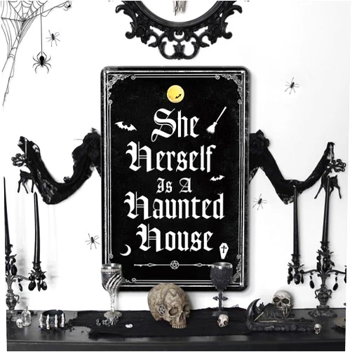 YOYI ART Gothic Home Decor Witch Decor Metal Sign Halloween Decorations - She Herself Is A Haunted House Gothic Wall Decor - 8 x 12 Inches Halloween Decor Witchy Room Decor Retro Tin Sign, Halloween Signs for