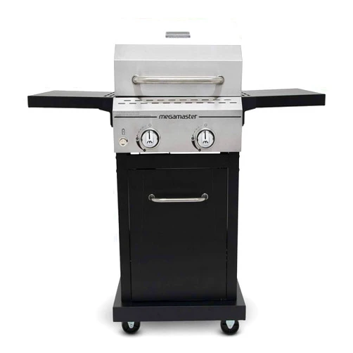 Megamaster 2-Burner Propane Barbecue Gas Grill with Foldable Side Tables, Perfect for Camping, Outdoor Cooking, Patio, Garden Barbecue Grill, 28000 BTUs, Silver and Black, 720-0864MA