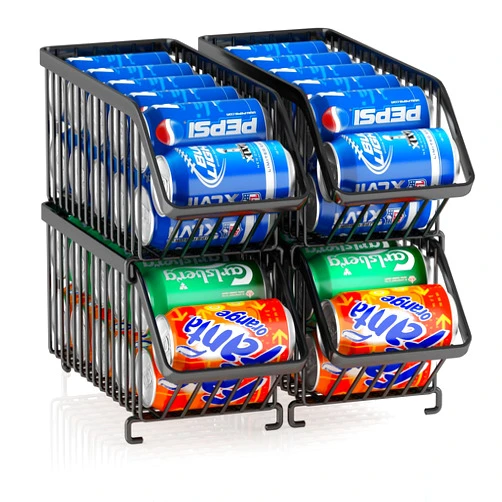 GILLAS 4 Pack Stackable Soda Can Organizer for Refrigerator, Can Holder Dispenser, Canned Food Storage Rack for Fridge, Kitchen, Countertops, Cabinets, Black