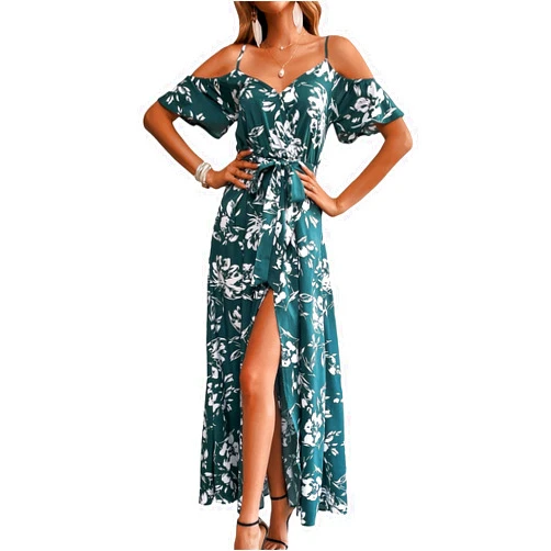 SweatyRocks Women's Floral Print Short Sleeve Cold Shoulder Dress Asymmetrical High Low Ruffle Midi Dresses