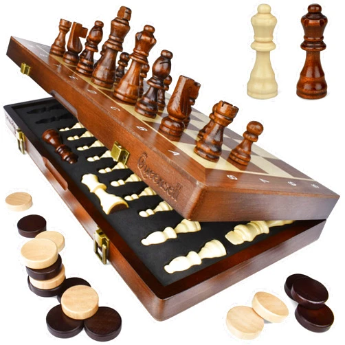Queensell 15-Inch Magnetic Chess Set - 2 in 1 Chess and Checkers Board Game for Adults and Kids - Tournament Chessboard with Wooden Pieces