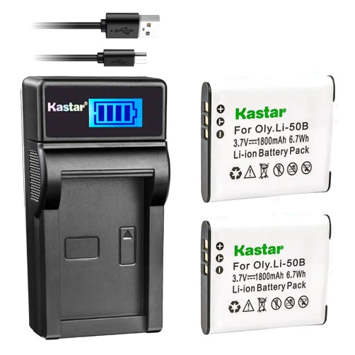 Kastar Battery (X2) & LCD Slim USB Charger for Olympus LI-50B Li50B and SZ-10 SZ-12 SZ-15 SZ-16 HIS Sz-20 SZ-30MR SZ31MR iHS TG-610 TG-630 HIS TG-810 TG-820 TG-830 TG-860 HIS XZ-1 XZ-16 iHS SP-810UZ