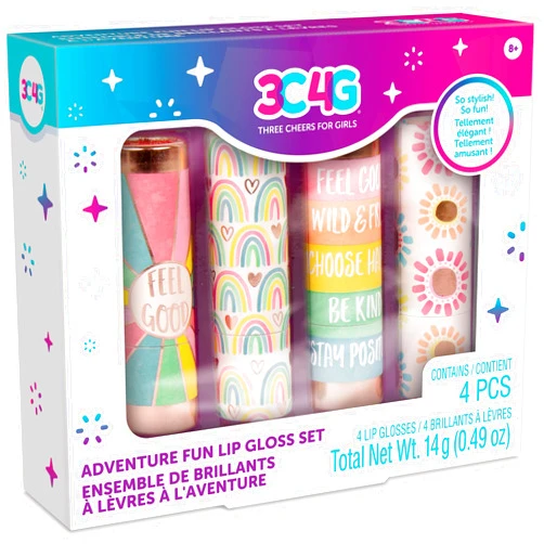 Make It Real 3C4G: Adventure Fun: Lip Gloss Set - 4 Piece Scented Lip Gloss Sticks, Cherry-Peach-Grape-Strawberry,On The Go for Adventurous & Stylish Tweens & Girls, Three Cheers for Girls, Ages 8+