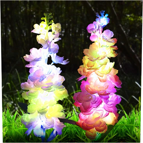 Hxqicai 2 Pack Solar Flowers Outdoor, Waterproof Garden LED Lights with More Realistic Delphinium Lights, Bigger Solar Panel, Auto On/Off Solar Decorative Lights for Garden