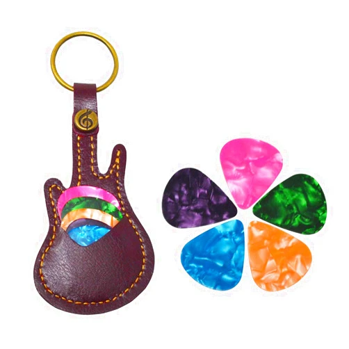 PUNK Leather Guitar Picks Case Guitar Pick Holders with Keyring Guitar Plectrums Bag for Guitar Pick Bag with 5Pcs Plectrums Gift (Brown)