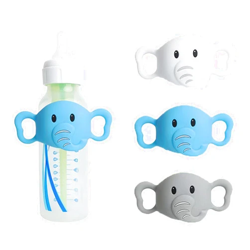 Ami.Todfo 3 Pack Silicone Baby Bottle Handles for Dr. Brown’s Narrow & Wide Baby Bottles Hoder, Elephant Design, Easy Grip Self-Feeding Universal Bottle Handle, BPA-Free, 100% Silicone, White, Gray, Blue