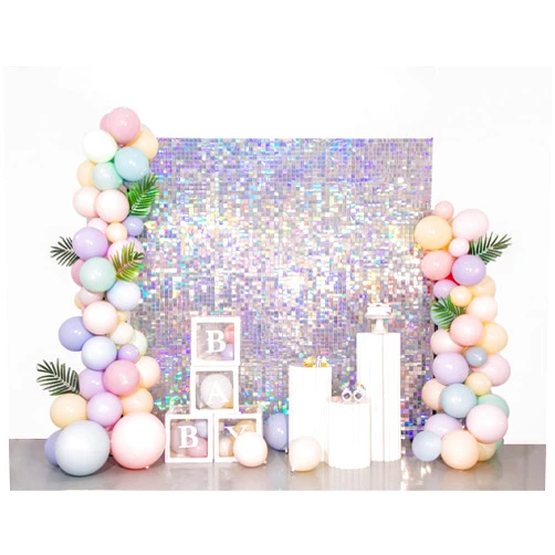 Kate Shimmer Wall Backdrop Iridescent Silver Square Sequin Wall Panel Backdrop Decor for Wedding, Anniversary, Birthday, Party, 24 Panels