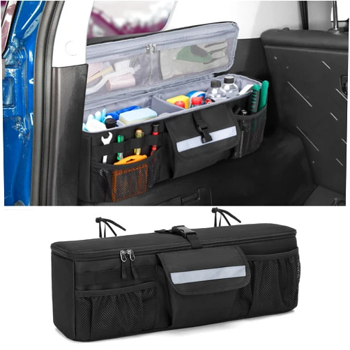 GRAOSO Car Trunk Organizer Compatible with Toyota FJ Cruiser 2007-2021, Rear Storage Bag with 3 Pieces of 1.5” Wide Hook&Loop Tapes, 2 Adjustable Hanging Loops, Multiple Pockets, Black