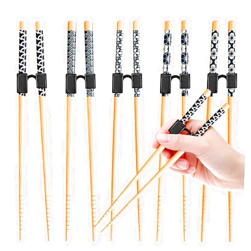 LYART 5 Pairs Reusable Training Chopsticks Beginners for Kids Adults Learners, Japanese Wooden Chopsticks Trainers Set, Dishwasher Safe, L8.86Inch (1.Japanese stamp)
