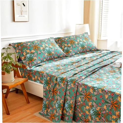 Lady Ann 100% Cotton Floral King Size Sheets Set Deep Pocket, Vibrant Paisley Flowers Printed on Green Pattern Bedding Sheets for King Size Bed Botanical Bed Sheets