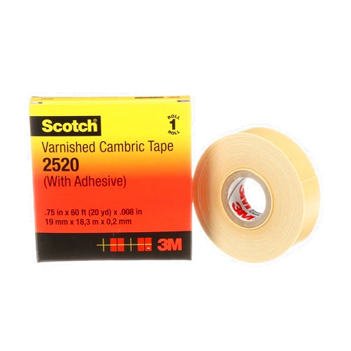 3M Scotch Varnished Cambric Tape 2520, Flexible, Electrically Insulating, Moisture Resistant, Smooth Finish, Yellow Color, 8 mil, 3/4 in x 60 ft, 1 Roll/Carton, 20 Rolls/Case