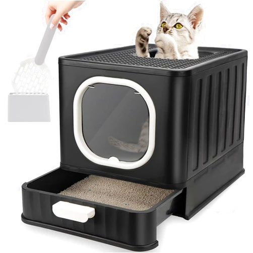QYJinlida Foldable Cat Litter Box with Lid, Fully Enclosed Anti-Splashing Cat Kitty Litter Pan with Handle, Large Cat Potty Front Entry Top Exit, Drawer Type Cat Toilet Easy Clean with Fashion Cat Litter Scoop