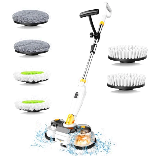 Denqir Cordless Electric Mop for Dewalt 20V Battery (NO Battery), 2 in 1 Spin Mop & Electric Floor Scrubber Machine with LED Light & Water Spray, 800 RPM Rotating Electric Mops for Floor (White Yellow)