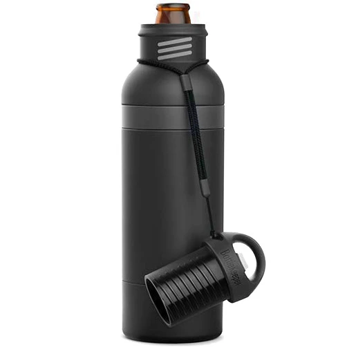 BottleKeeper X - Double Walled Vacuum Insulated Bottle with a Bottle Opener Built into the Tethered Cap - 12oz Longneck - Protects & Keeps Your Beer Cold Up To 6 Hours (Black)