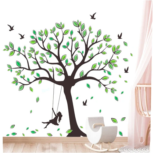 Buiory Giant Tree Wall Decal Removable Falling Green Leaves Wall Sticker DIY Peel and Stick Art Decor Black Tree Wall Sticker for Baby Kids Girls Bedroom Classroom Nursery Walls Background Decorations