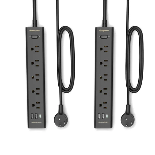 IECOPOWER 2 Pack Power Strip Surge Protector-5 Widely Spaced Outlets 3 USB Ports(1 USB C Port),1250W/10A with 5Ft Extension Cord, Power Strips with Surge Protection, Wall Mount for Home Office,Black