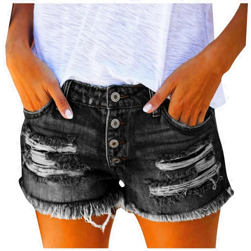 Generic Women's Casual Mid-Rise Ripped Denim Bermuda Shorts Frayed Raw Hem Stretch Jean Shorts