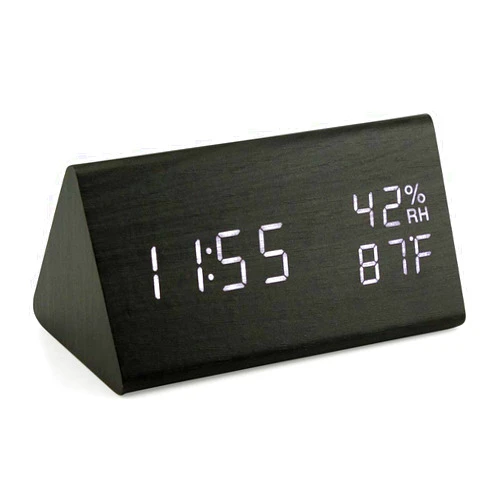 OCT17 Wooden Alarm Clock, Smart LED Digital Clock for Bedroom/desks, Upgraded with Time Temperature, Adjustable Brightness and Voice Control, Humidity Displaying - Black