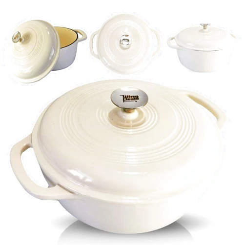 WIN4 DEALS 6 Quart Enameled Cast Iron Dutch Oven Pot with Lid — Round Enamel Coating, Safe up to 500° F, Dual Side Handles, Ideal for Baking, Roasting and Cooking — Oven Compatible & Easy to Clean — White