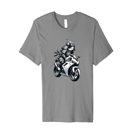 MNBOBS Japanese Samurai Ninja Cat Riding a Motorcycle Crotch Rocket Premium T-Shirt