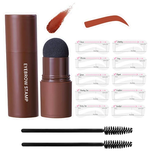 LOKFAR Eye-Brow Stamp Stencil Kit, Waterproof Brow Stamp Shaping Kit Eyebrow Definer, Eyebrow Filling Powder Stamp, Women Makeup Tools with 10 Reusable Eyebrow Stencils, 2 Eyebrow Brushes(Natural Brown)