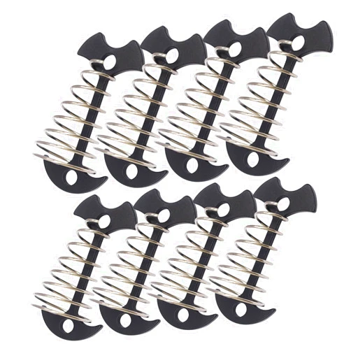 Bytiyar 8 pcs Aluminium Alloy 2.6 inch Fishbone Tent Stakes Deck Anchor Pegs with Spring Rope Buckle Hook Cord Adjuster Tensioner Kit for Camping on Wood Platform Black