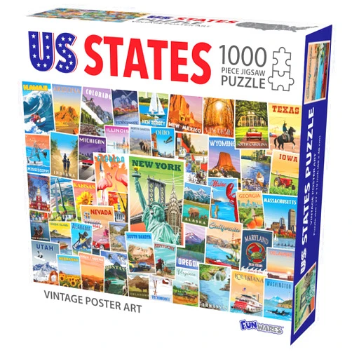 Funwares US States Vintage Poster Art 1000 Piece Jigsaw Puzzle with Landmarks and Attractions from All 50 States