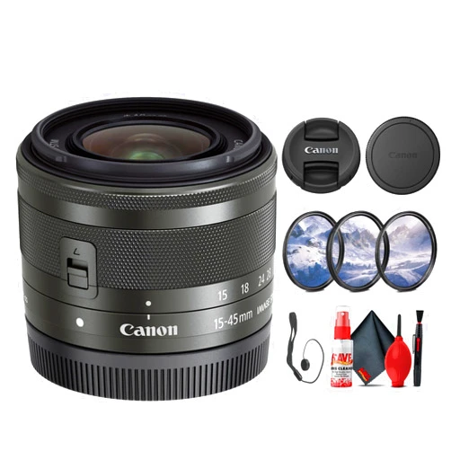Canon EF-M 15-45mm f/3.5-6.3 IS STM Zoom Lens (Graphite) (0572C002) + Filter Kit + Cap Keeper + Cleaning Kit (Renewed)
