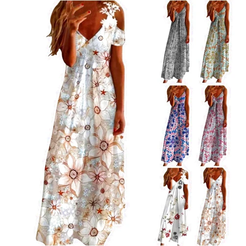 JSYVPWL Womens Summer Dress Plus Size Cut Out Cold Shoulder Deep V Neck Maxi Dress Floral Print High Waist Casual Cami Dress