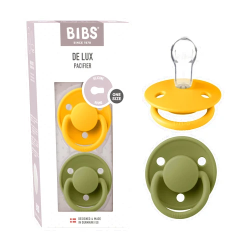 BIBS De Lux Baby Pacifier 2-Pack | Made in Denmark | BPA Free Dummy Soother, Round Nipple. Silicone, OneSize (0-36 Months), Honey Bee/Olive