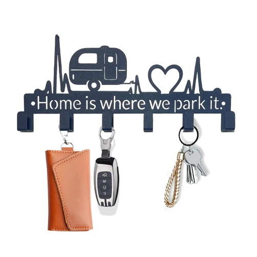 Msimplism.D Key Holder Wall Mount with 6 Hooks, Happy Camper Key Rack Organizer for Entryway, Kitchen, Office - Rustproof, Waterproof - Easy Installation, Gift for New Homeowners - 9.8inch/25cm
