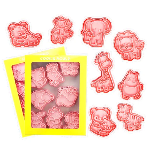 XIMEIDUO 16pcs Animal Cookie Cutters With Plunger Stamps Set, Animal Embossing Cutters 3D For Biscuit Fondant Cheese Baking Molds (pink)