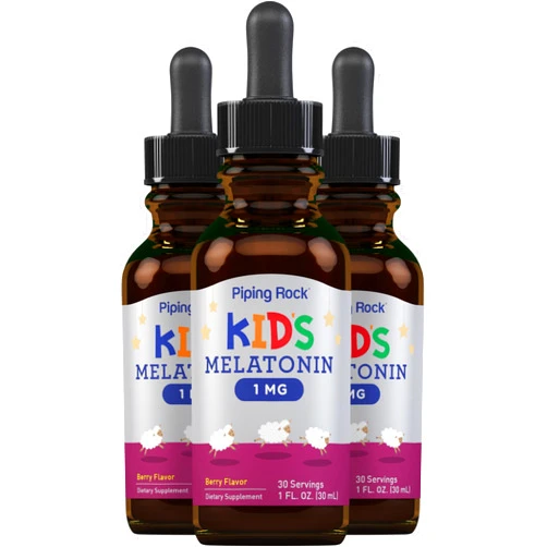 Piping Rock Kids Melatonin Liquid 1 fl oz | 1mg | Pack of 3 Bottles | Berry Flavor Drops | Non-GMO, Gluten Free Supplement
