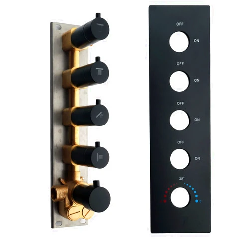 DULABRAHE Wall Mounted Rough-In Shower Diverter Valve, 4 Ways Thermostatic Brass Mixer Mixing Shower Valve and Trim Kit, Can Use All Options At a Time (Matte Black, 4-way)