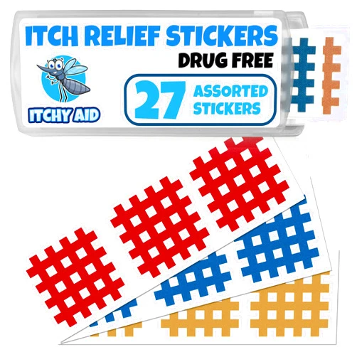 ITCHY AID Bug Bite Itch Relief Patches. 27 Stickers for Instant Reducing Itch and Swelling from Mosquitos, Midges, and Sandflies. Kid Friendly Colorful After Bite Treatment.