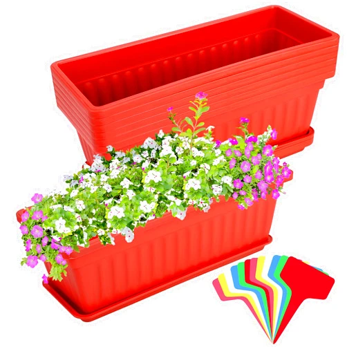 Elcoho 6 Pack Flower Window Box Planters 17 Inches Plastic Vegetable Plant Pot Rectangular Planters with Trays for Windowsill, Patio, Porch, Garden, Home Decor (Red) Red 6