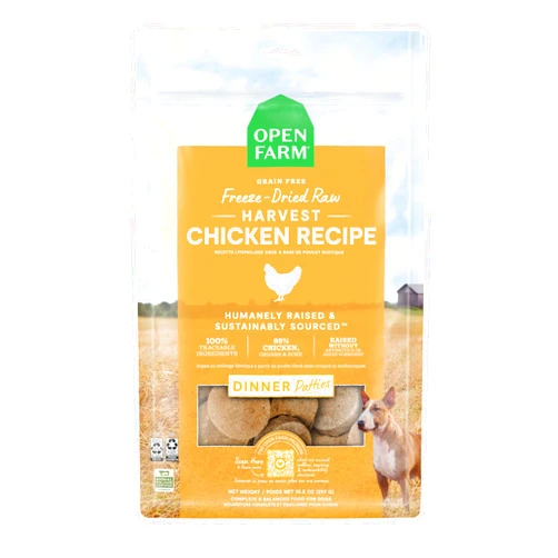 Open Farm Freeze Dried Raw Patties for Dogs, Humanely Raised Meat Recipe with Non-GMO Superfoods and No Artificial Flavors or Preservatives, Harvest Chicken Recipe, 10.5oz