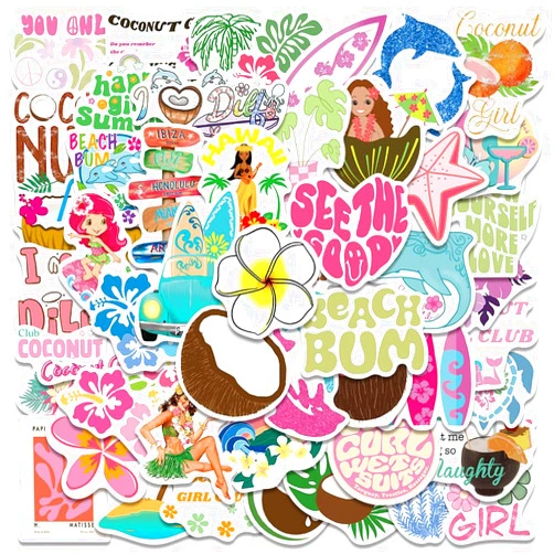 Hapiuen Cute Coconut Girl Aesthetics Waterproof Stickers for Water Bottle, 50PCS Coconut Beach Sea Stickers Pack for Laptop, Surfboard, Summer Stickers for Kids Adult Teens, Party Decoration