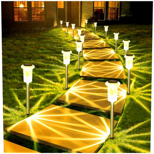 DenicMic Solar Lights Outdoor, 10 Pack Waterproof LED Stainless Steel Pathway Lights for Yard, Garden, Driveway Decor (Warm White)